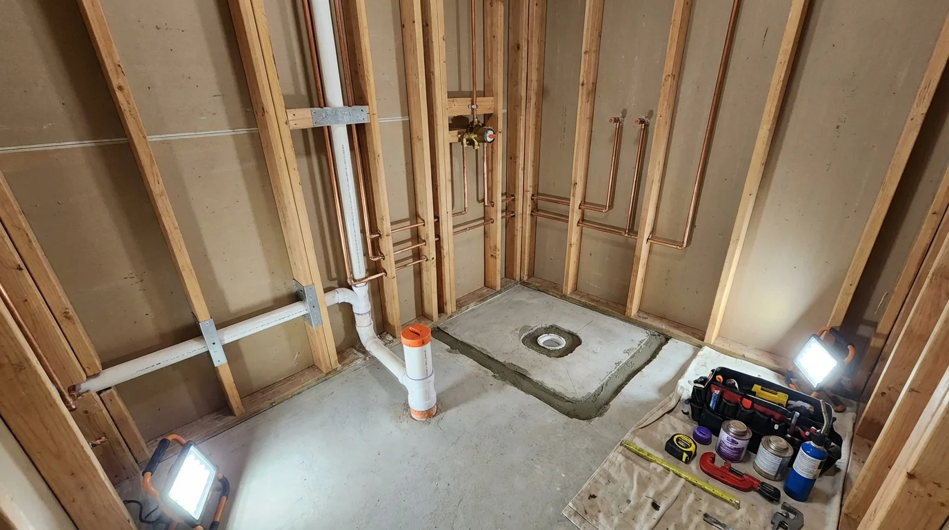 Bathroom rough-in plumbing during remodel by Johns Plumbing LLC in Gatlinburg