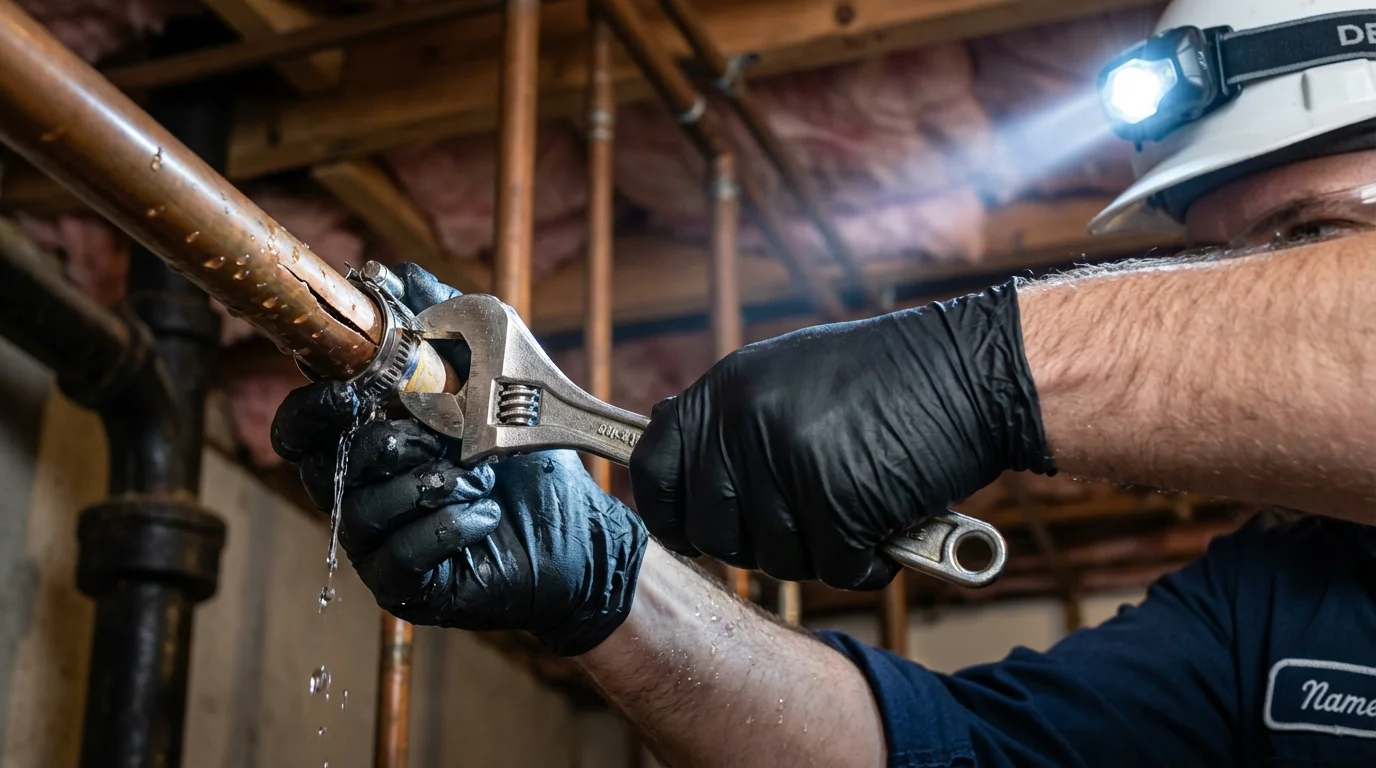 Emergency pipe clamp repair being performed by a Johns Plumbing LLC plumber in Gatlinburg