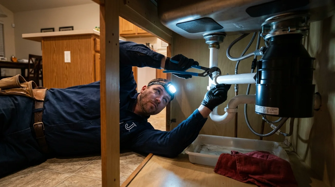 P-trap and supply line connections under a kitchen sink showing a common leak point in Gatlinburg, TN
